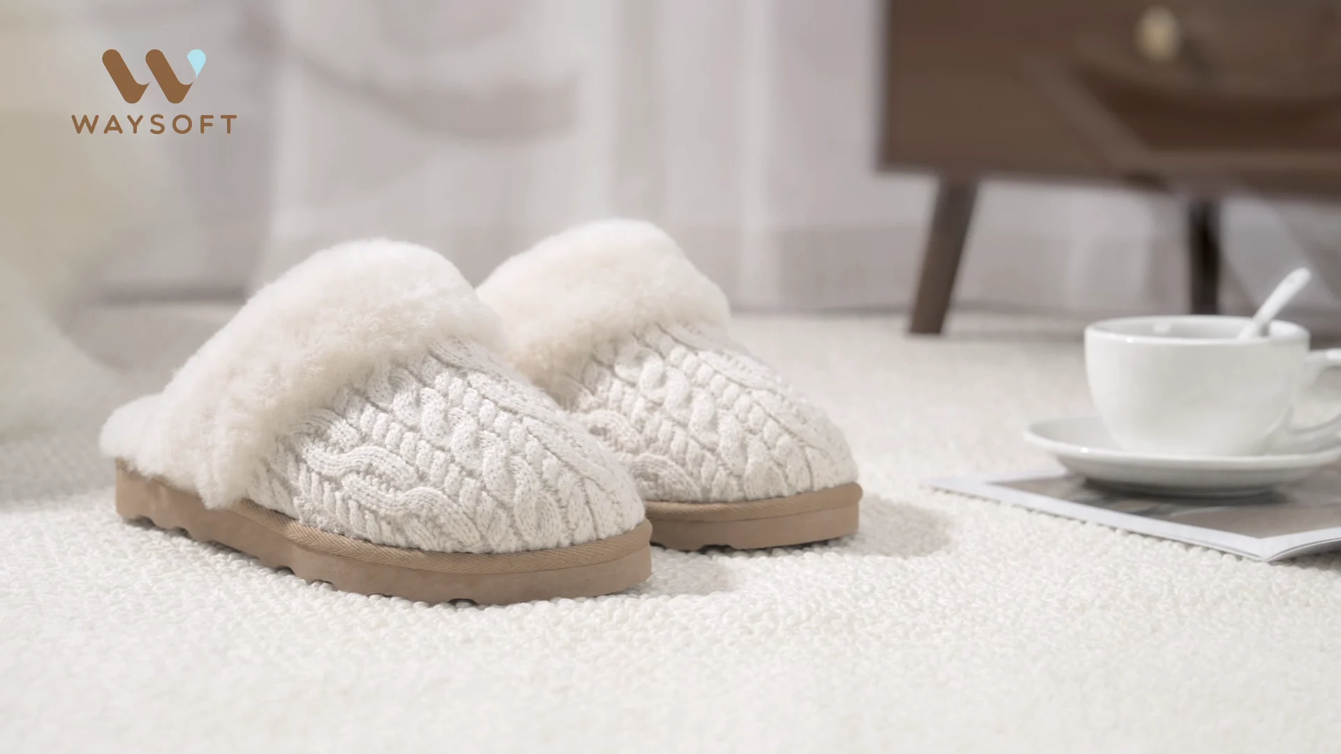 WAYSOFT Cable Knit Mule in a calm home setting