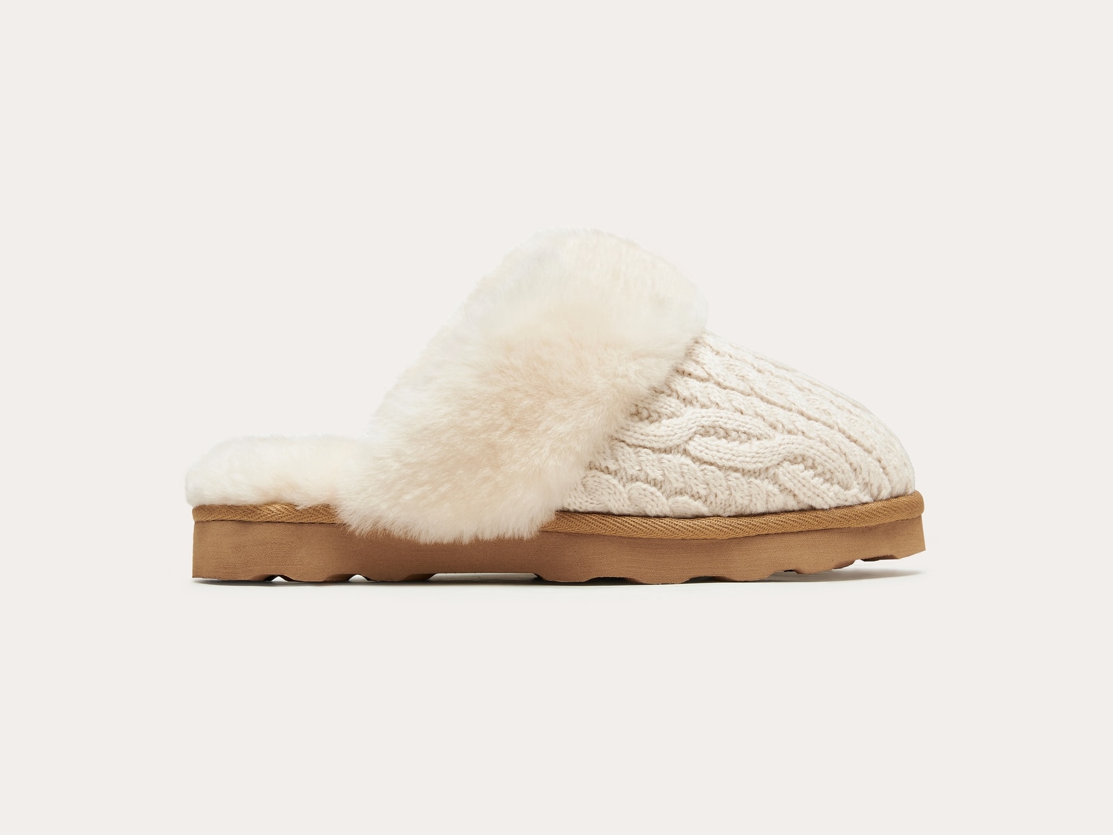 WAYSOFT cable knit mule slipper with open back and wool collar