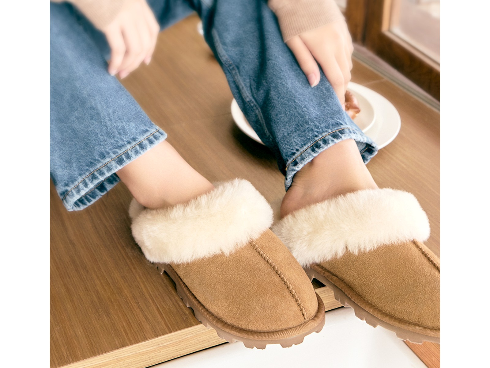WAYSOFT chestnut sheepskin slippers worn at home on cold floors