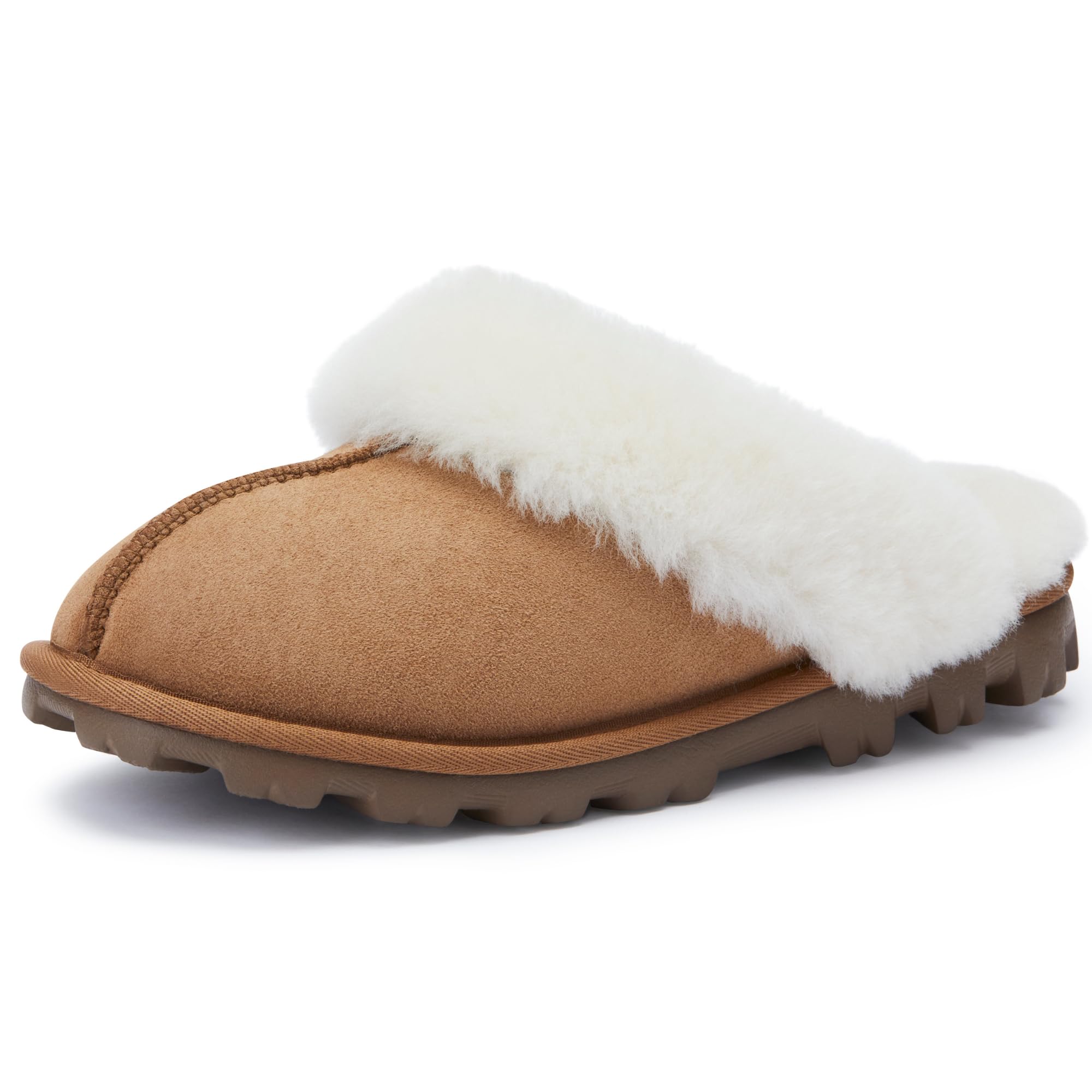 Chestnut genuine sheepskin slipper for women with warm wool lining and hard sole