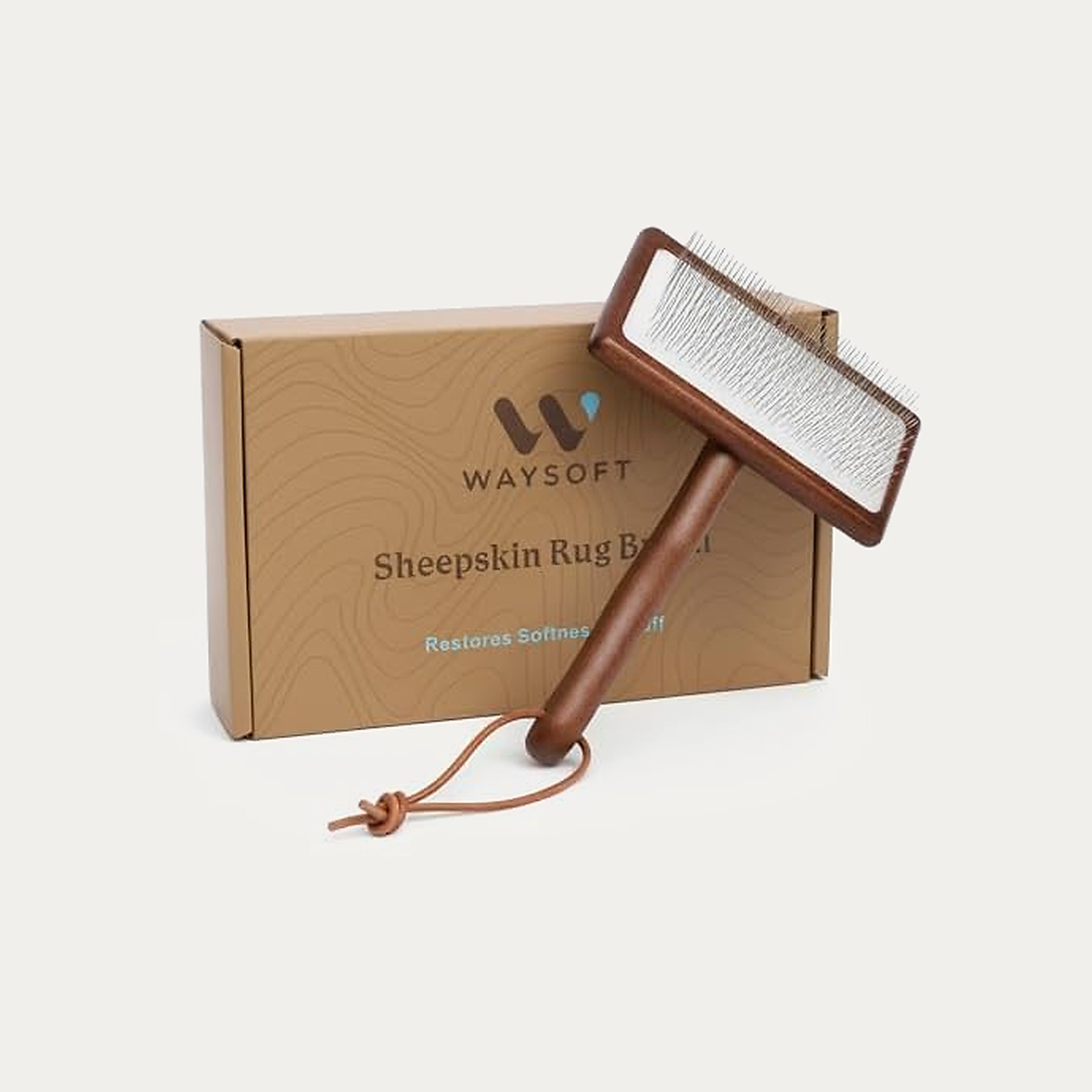 WAYSOFT Sheepskin Rug Brush Brush and box showing real sheepskin wool texture