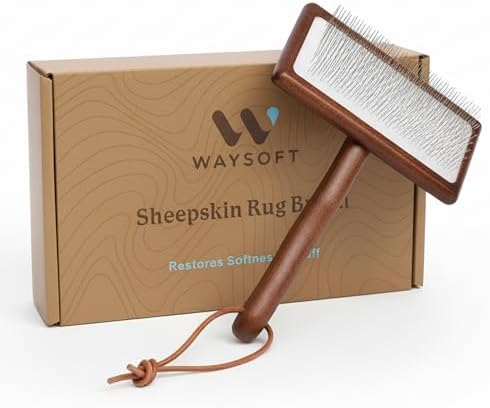 WAYSOFT Sheepskin Rug Brush Brush and box showing real sheepskin wool texture